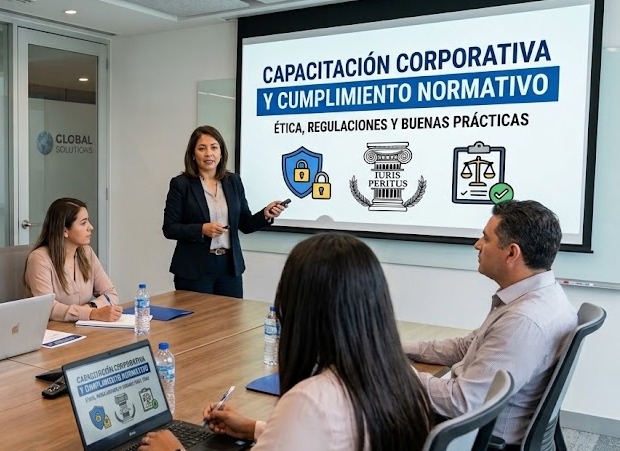 Capacitación corporativa y cumplimiento normativo en una sala de reunión