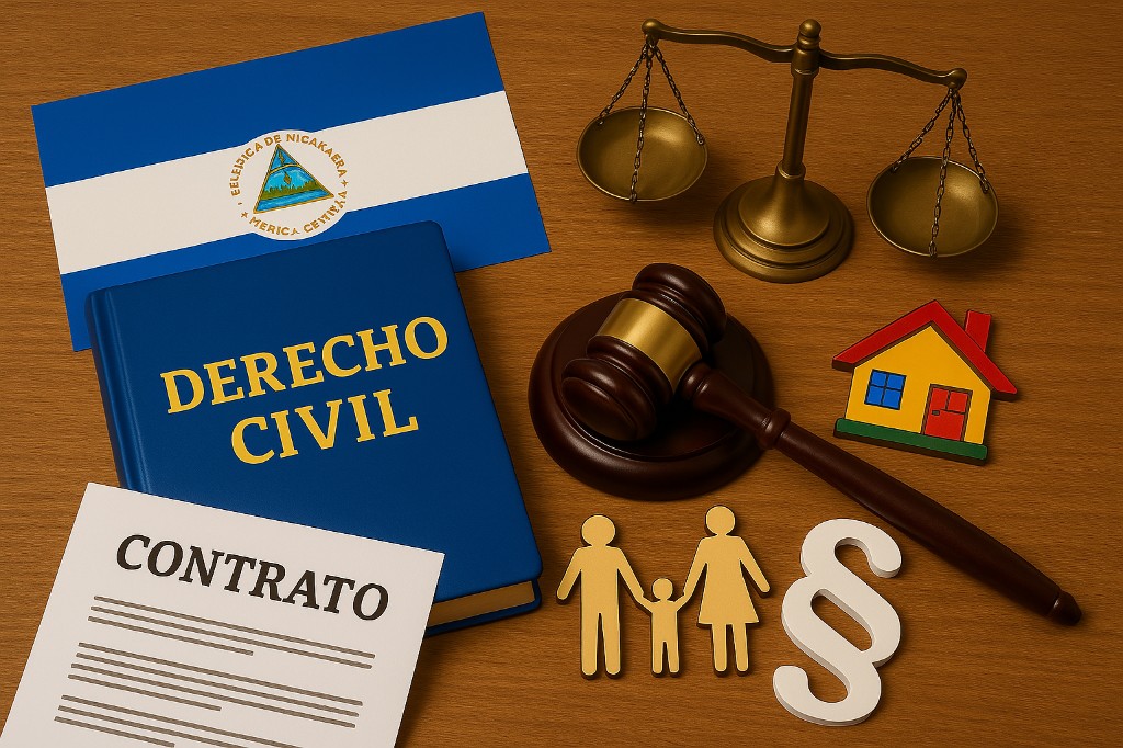 Elementos de derecho civil: código, contrato, familia y vivienda, junto a la bandera de Nicaragua