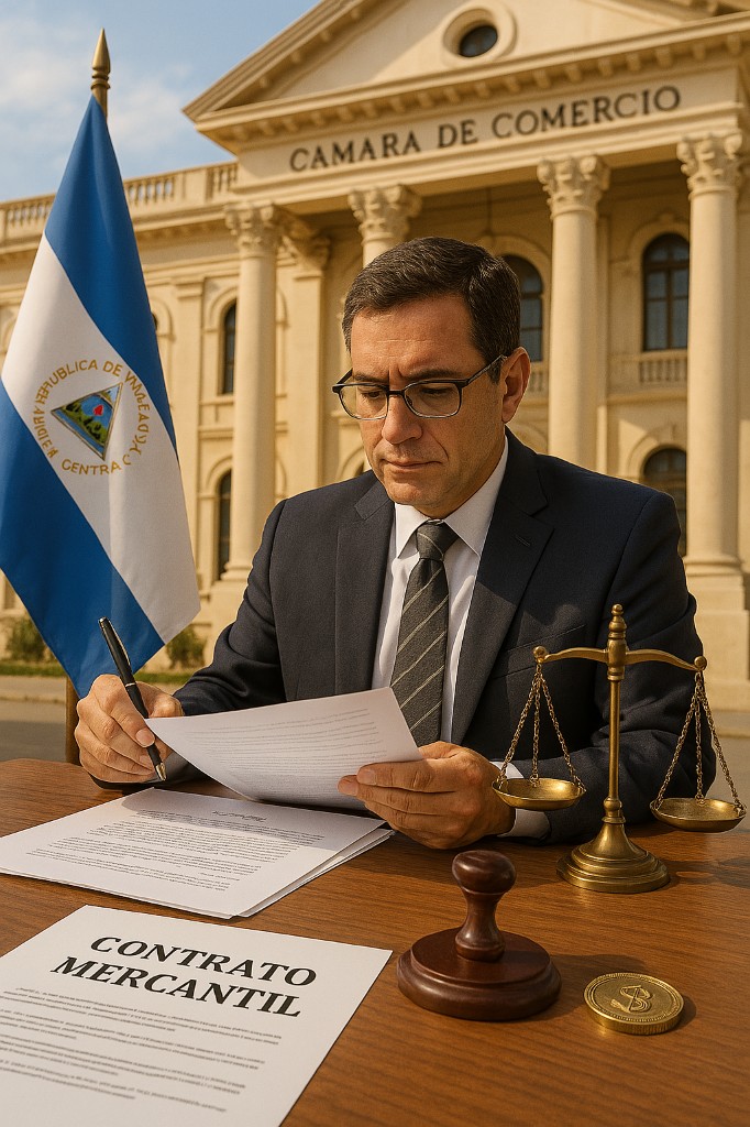 Abogado revisando un contrato mercantil frente a la Cámara de Comercio
