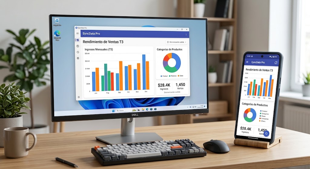 Escritorio con el programa en Windows y la misma información en el teléfono Android